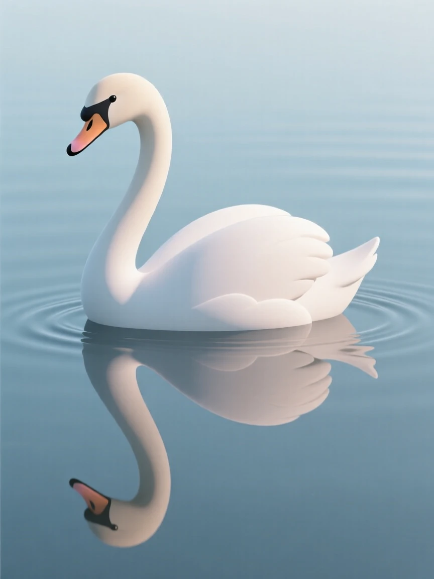 A proud swan glides serenely across a still lake, reflection perfectly mirrored in the glassy water.