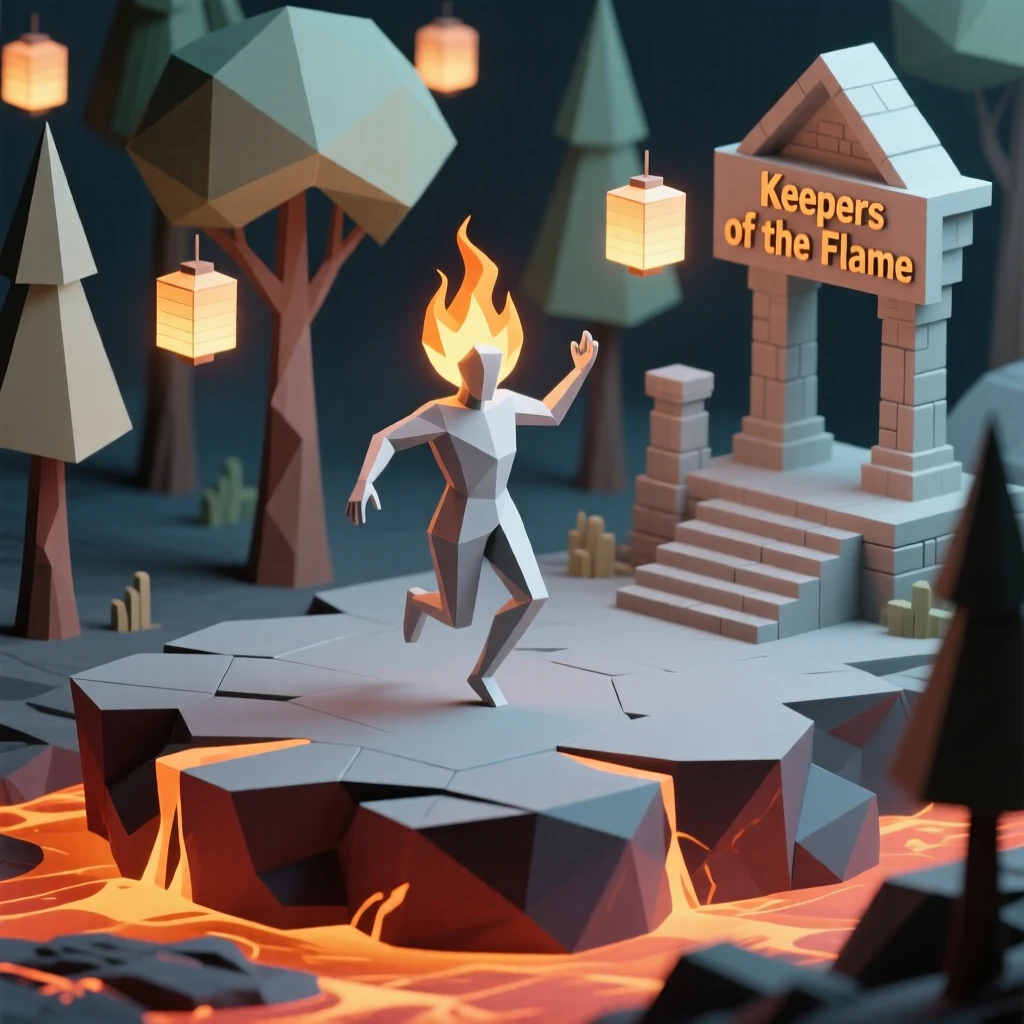A fire elemental dancing above molten rock, within a forest lit by floating lanterns. intricate details enrich the ancient architecture. The scene feels magical and full of wonder.