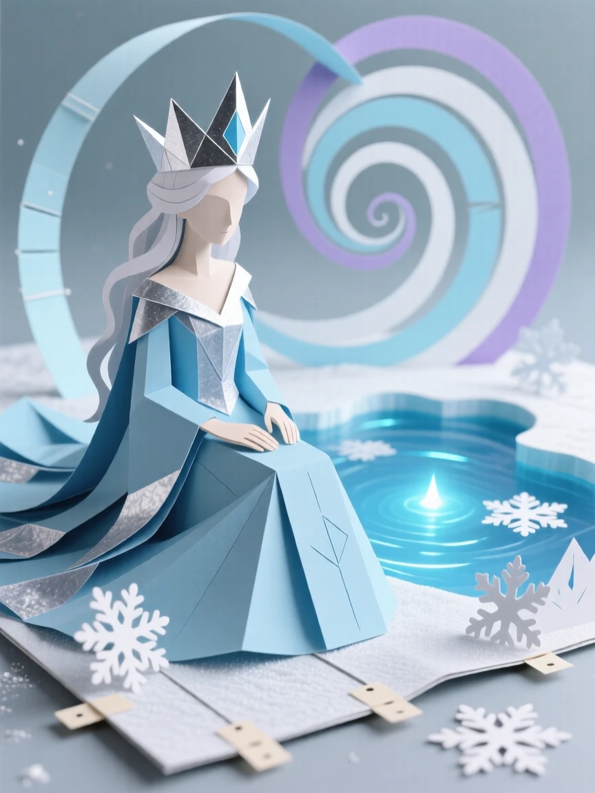 A crowned ice queen resting beside a glowing mystical lake, with a shimmering magical aura surrounding the figure, evoking otherworldly beauty.