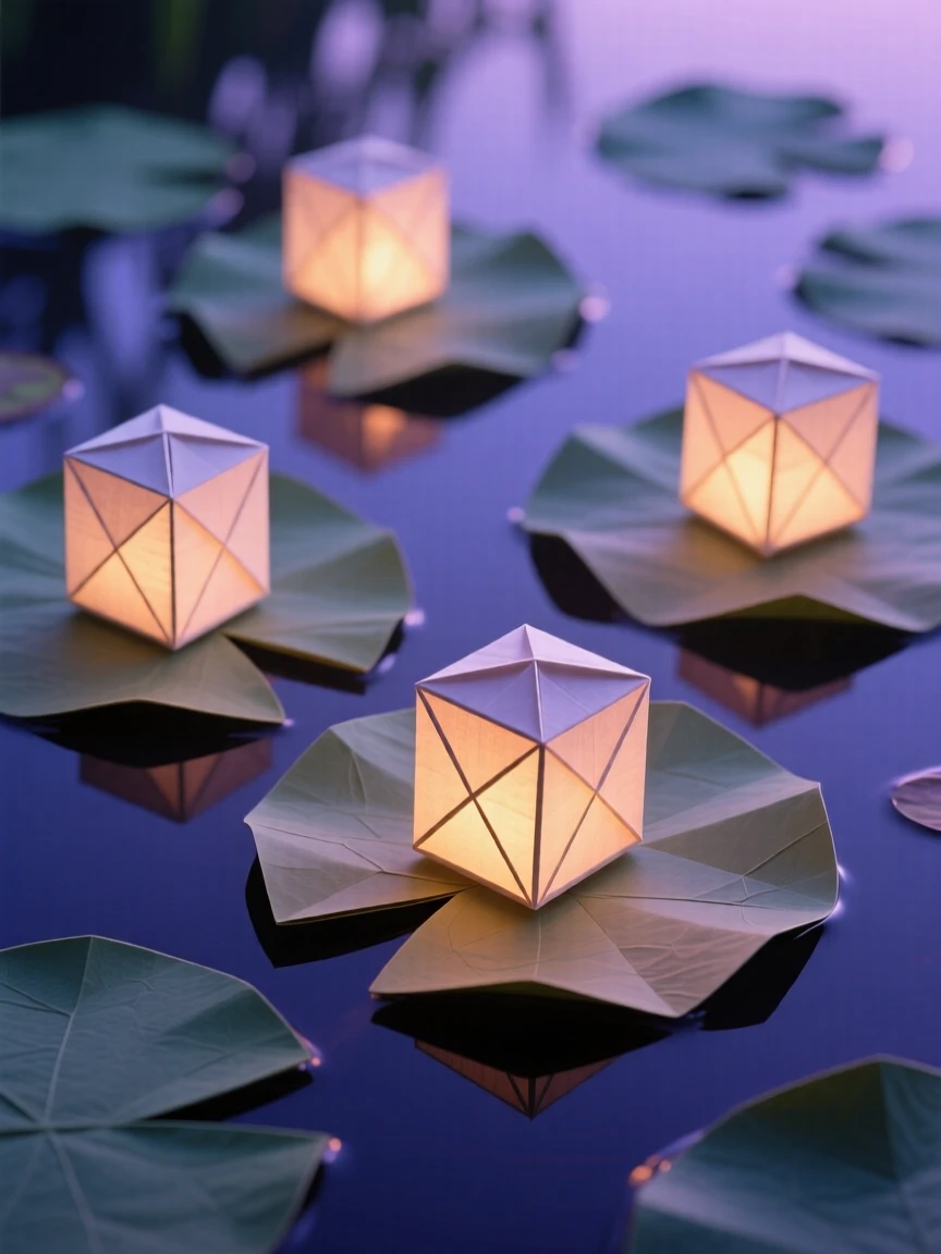 A floating garden of lily pads each holding a tiny glowing lantern at twilight.