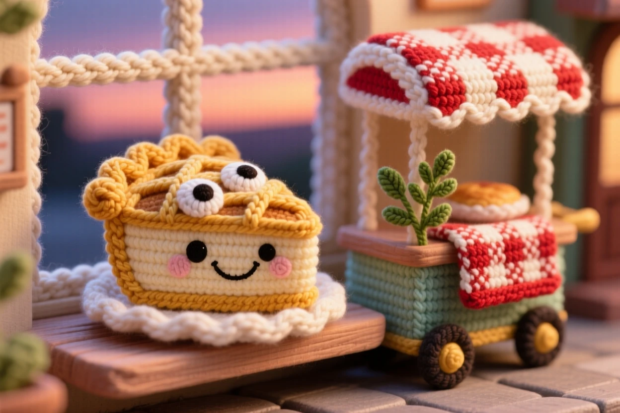 a smiling slice of pie, with a golden lattice crust, cooling on a windowsill beside a checkered cloth, displayed in a small street food cart at dusk, with a sprig of fresh herbs as garnish, radiating bright, appetizing cheerfulness.