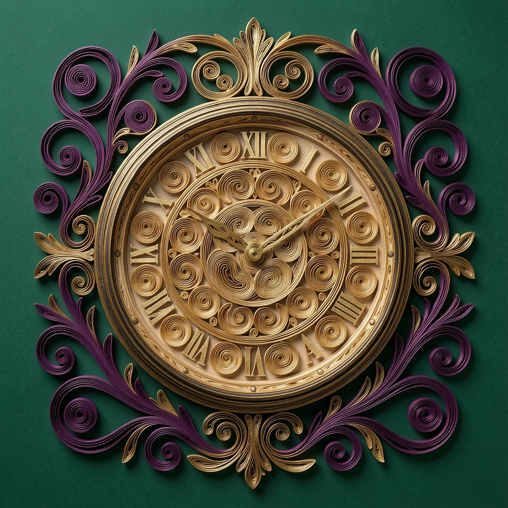 an ornamental clock face surrounded by curling vines, set against a deep emerald background, balanced with mirrored symmetry on both sides, in rich plum and antique gold hues.