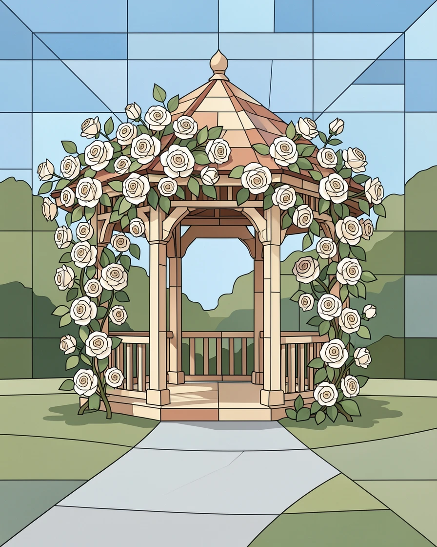 A quiet garden gazebo covered in climbing white roses.