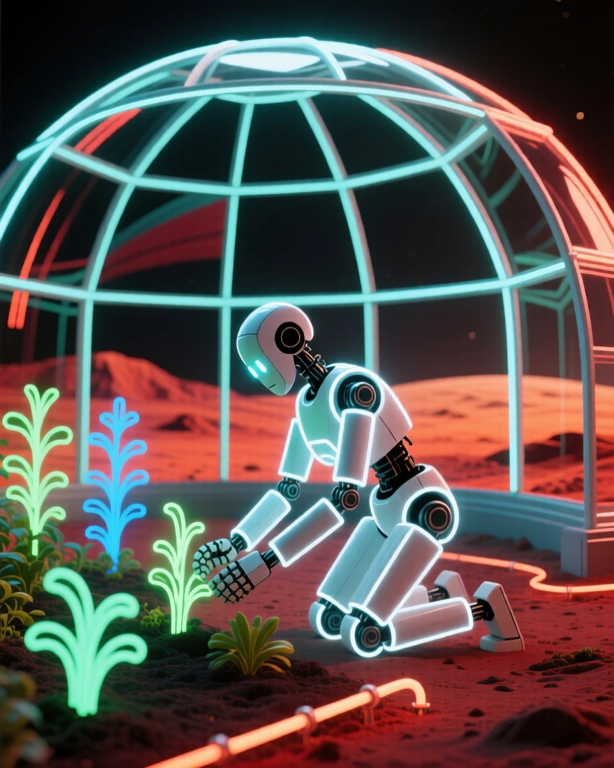 A wide establishing shot of a robot tending a garden inside a domed greenhouse on Mars.