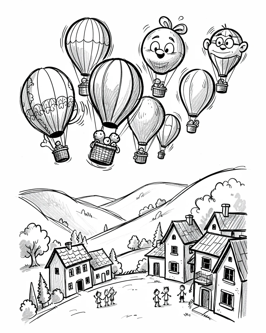 A cluster of colorful hot air balloons over a valley beside a quiet village square.