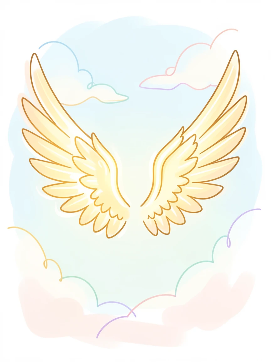 A pair of wings made of golden light unfurling against a soft sky.