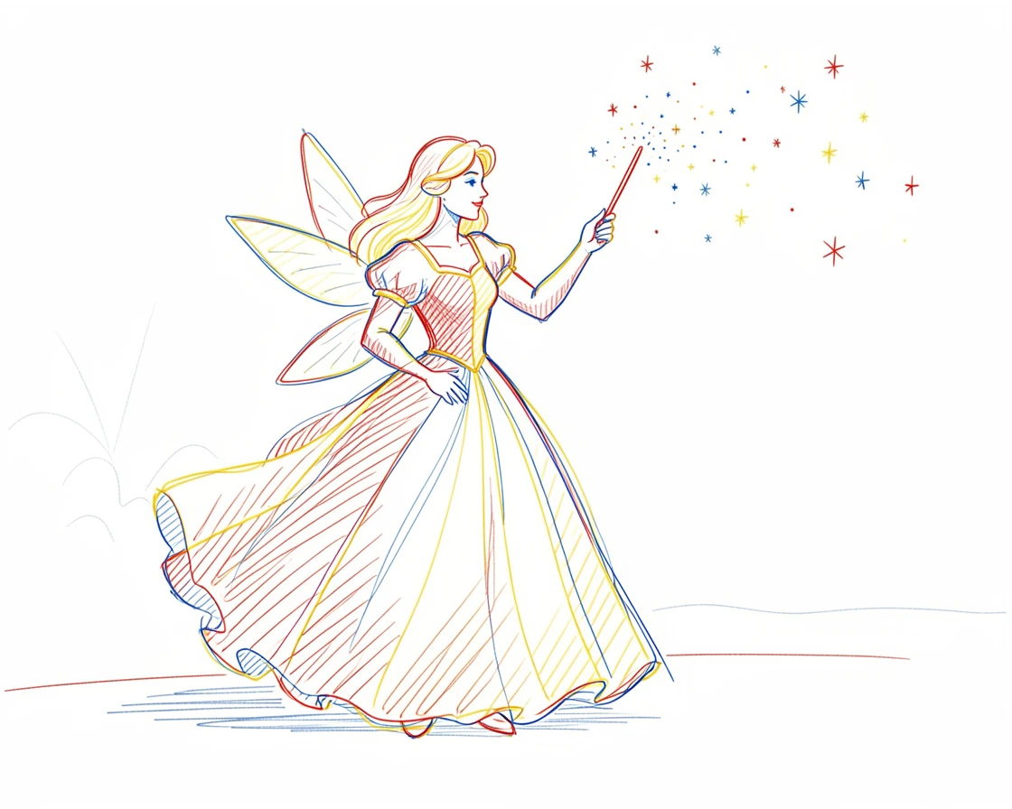 A fairy godmother waving a wand, sparkles trailing through the air