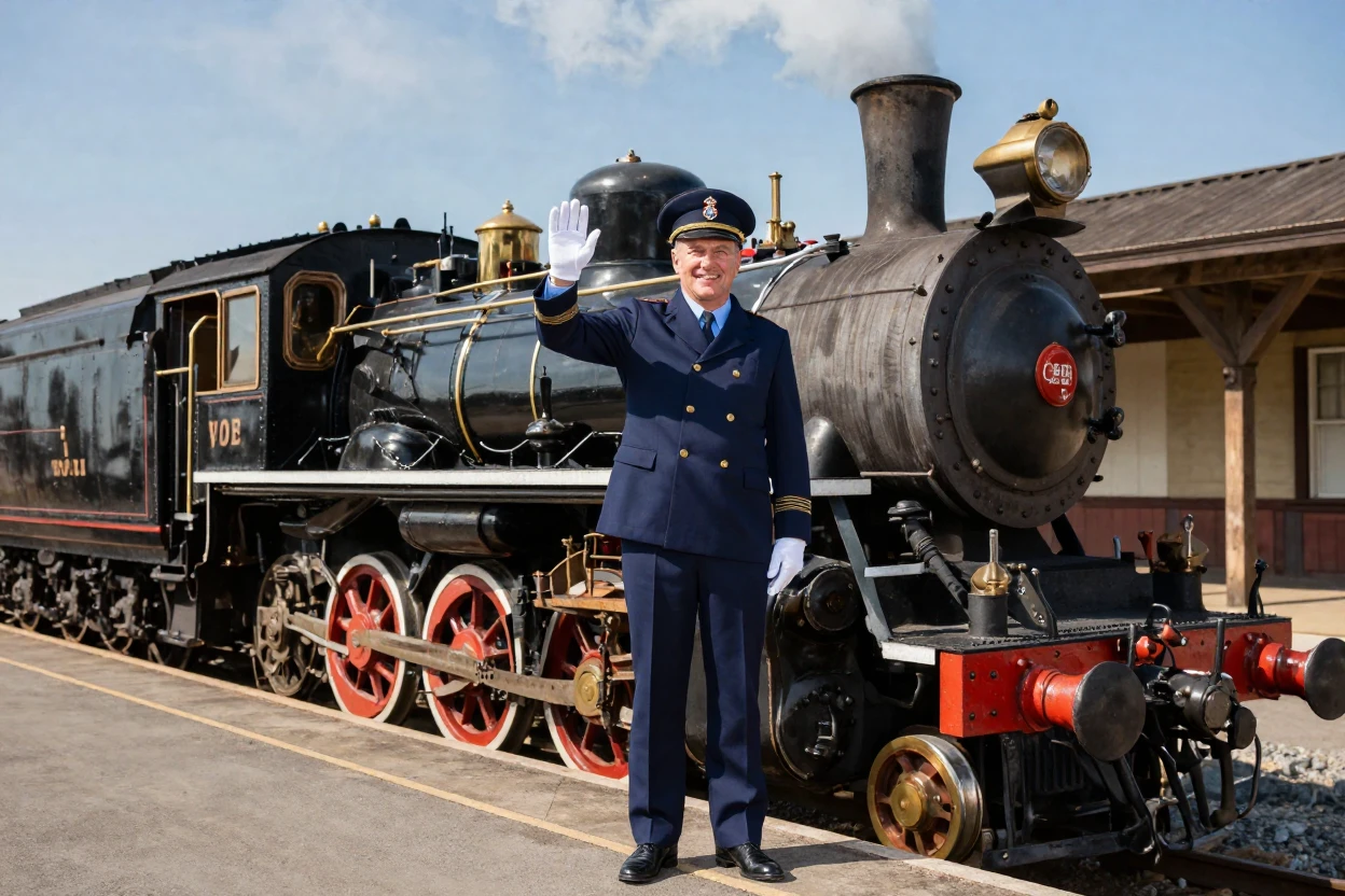 A train conductor waving from a vintage steam engine