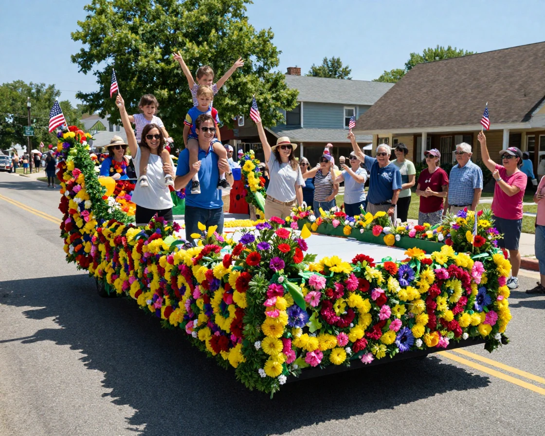 A parade float covered in flowers rolls slowly past cheering crowds lining a sunny avenue.