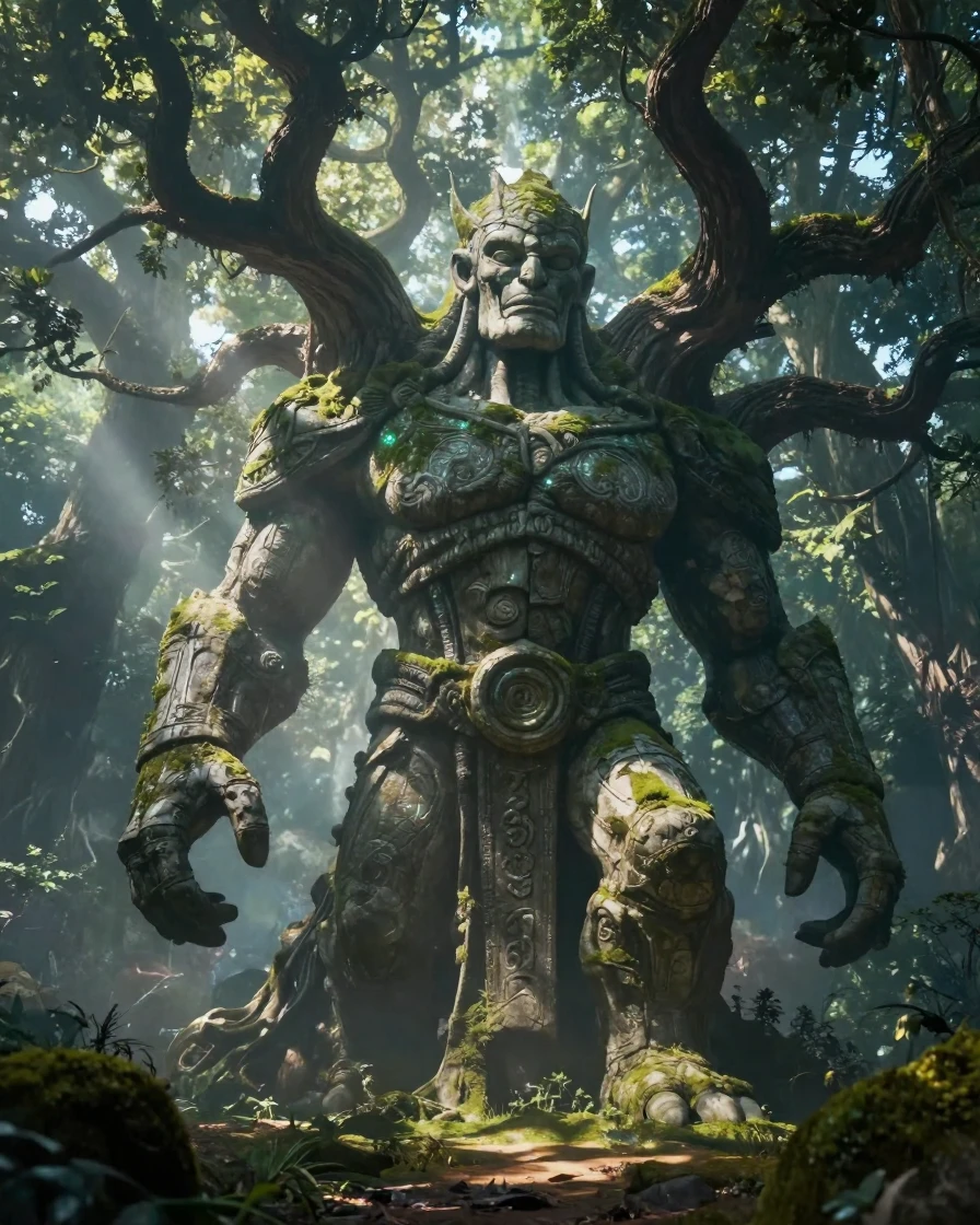 A colossal stone golem appearing beneath the branches of a world tree as magic fills the air