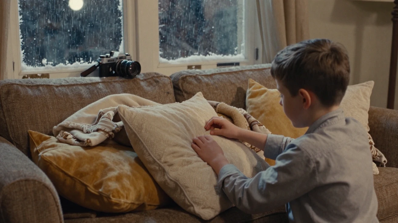 A boy building a fort out of couch cushions and blankets, under moonlight, under a light drizzle, under the first snow of winter, in warm honey and cream tones, over the shoulder of the main subject.