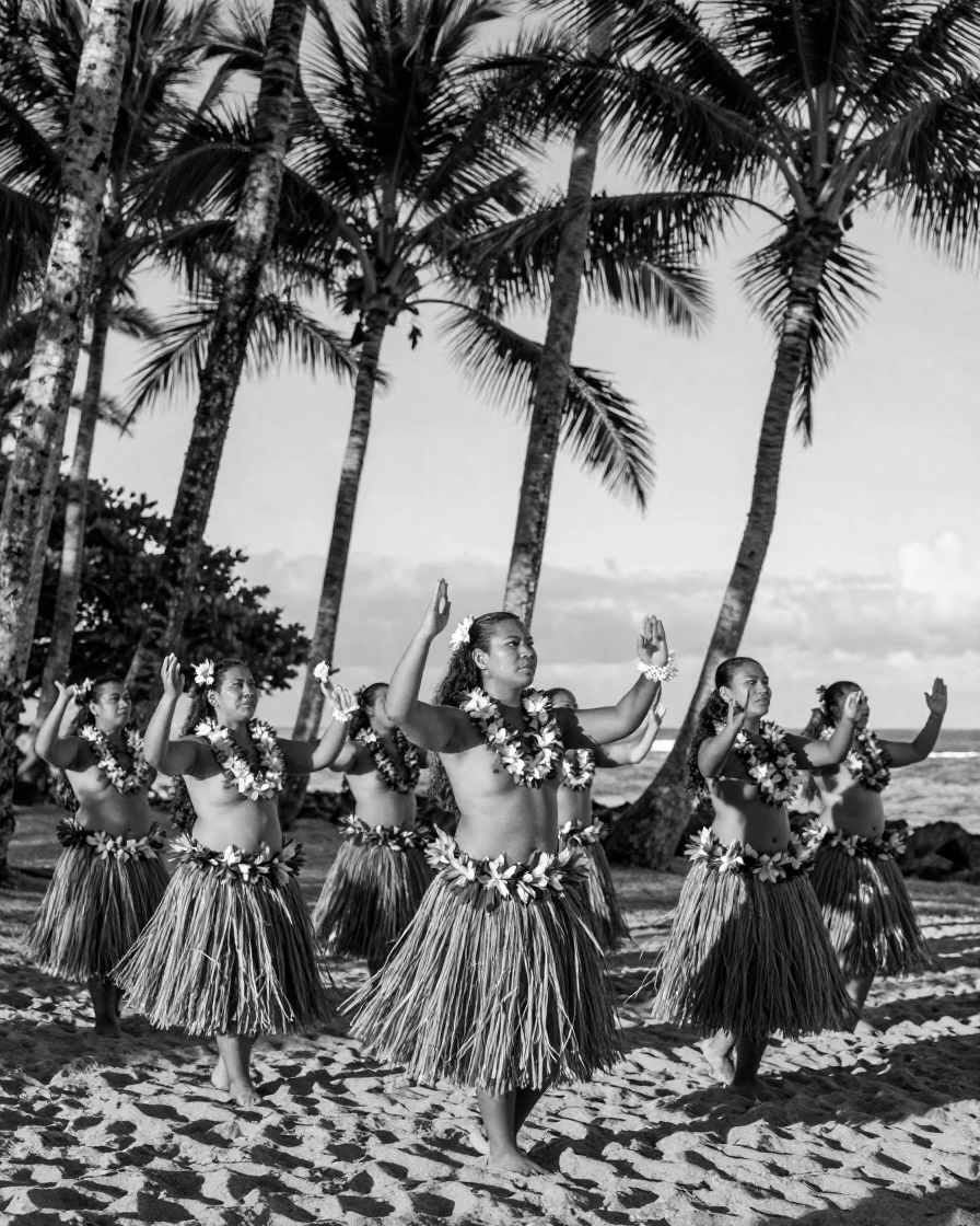 A group of Hawaiian dancers perform a traditional hula beneath swaying palm trees.