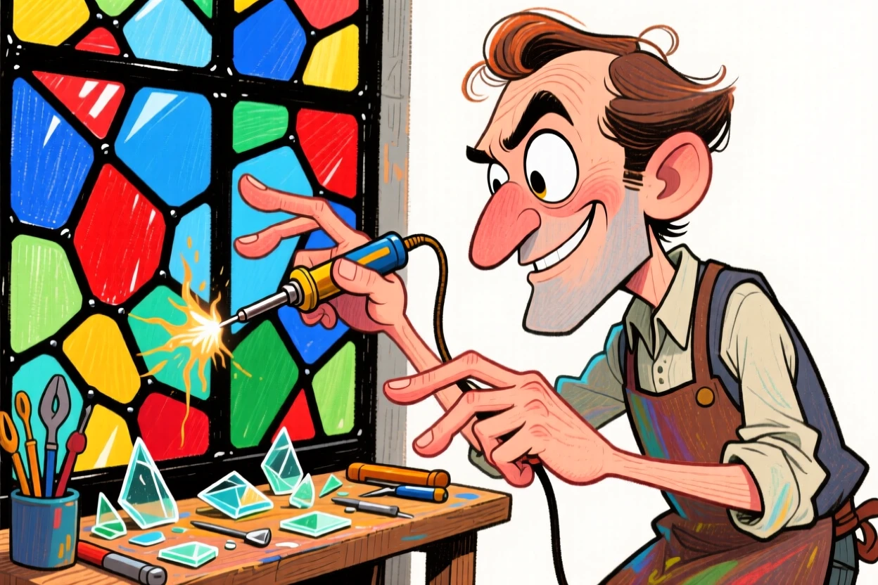 A stained glass artist carefully soldering pieces of colored glass together.