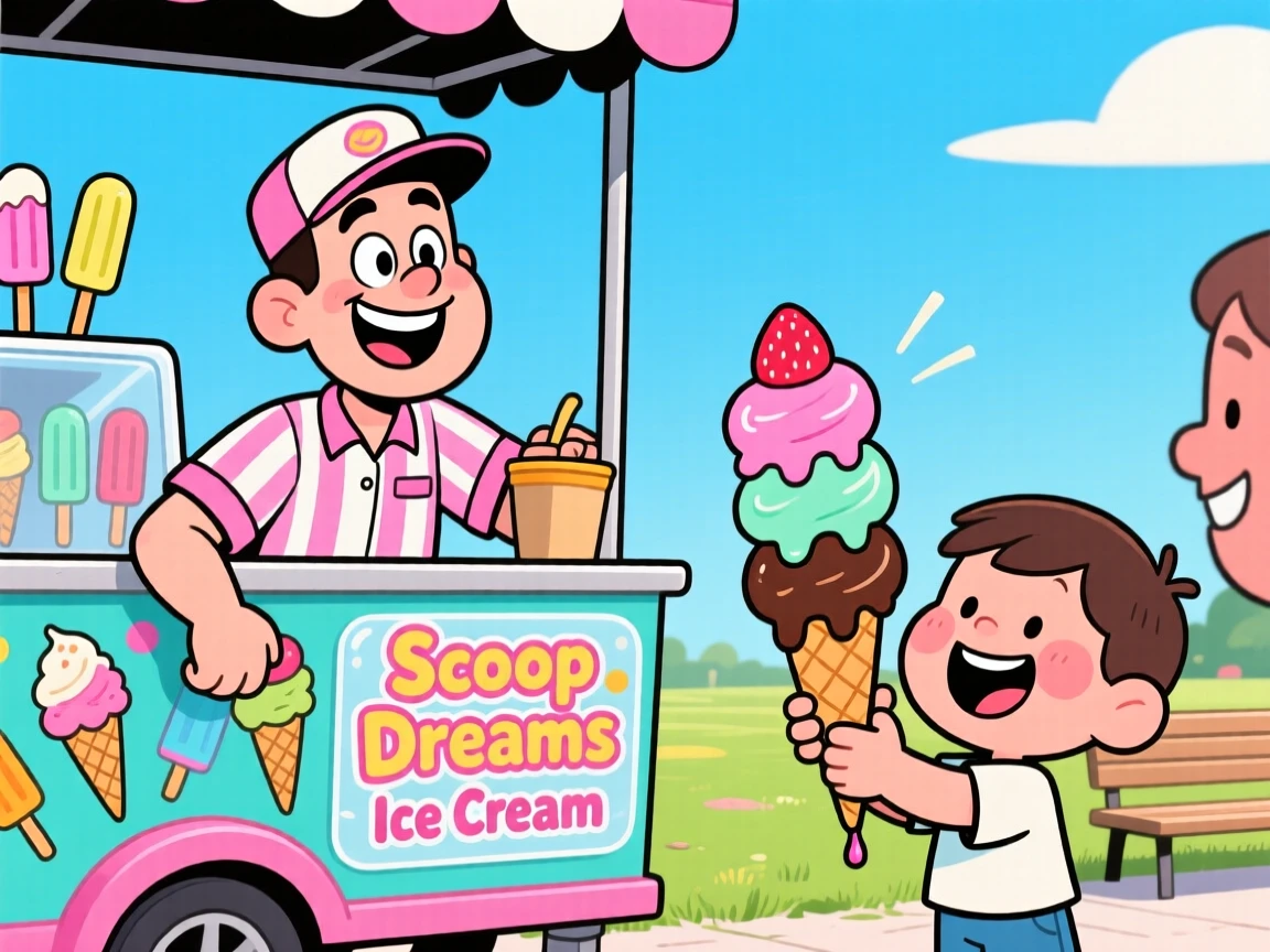 A vibrant profession-themed portrait of a cheerful ice cream vendor taking a well-earned break with a proud grin, with a satisfied customer nearby.