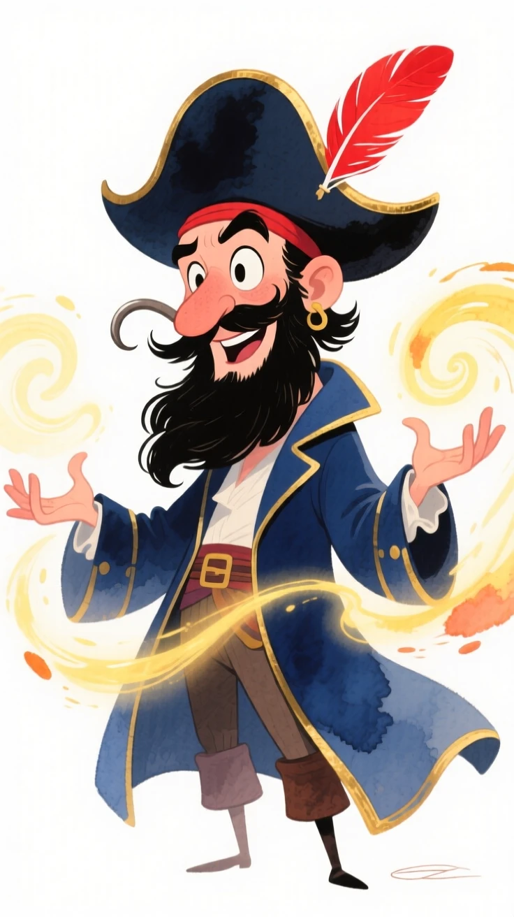 A pirate captain casting a spell with swirling golden light