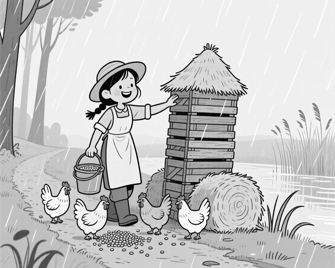 A farmer's daughter feeding chickens from an overflowing bucket, patting the final crooked tower proudly into place, set on a forest trail caught in a sudden downpour. Reeds sway gently at the water's edge. It radiates the down-to-earth charm of life outdoors.