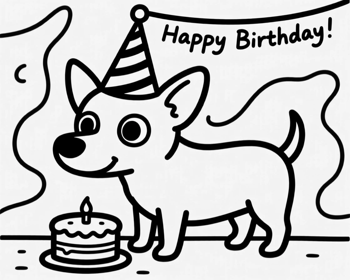 A chihuahua wearing a party hat at its own birthday party with a tiny cake.