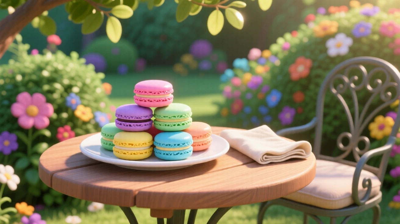 A rainbow of macarons arranged on a plate sits at a small table overlooking a garden, next to a folded linen napkin. The setting feels relaxed and satisfying.