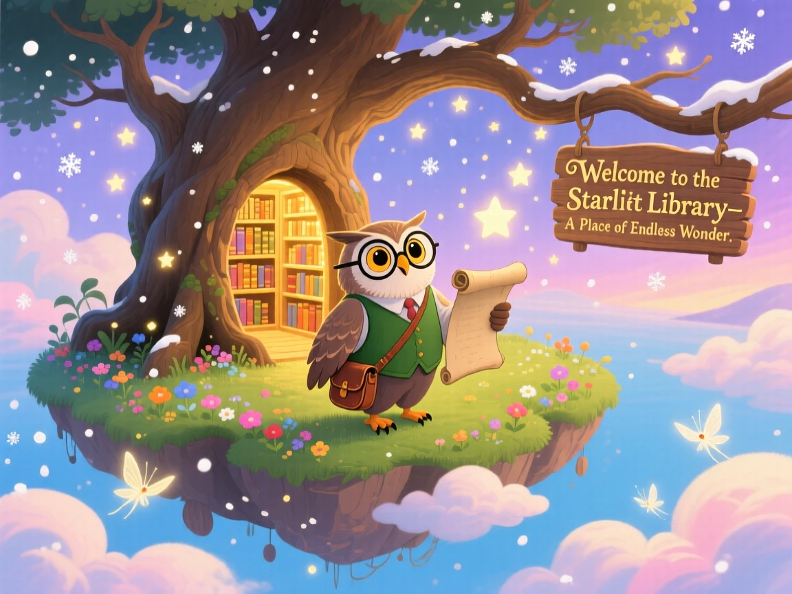 In a floating island in the clouds, a talking owl scholar discovers a moment of wonder while discovering a hidden library inside a giant oak, as tiny stars fall like snow.