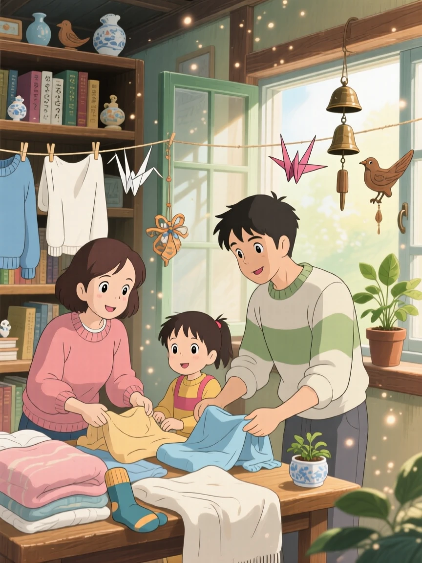 A family folding warm laundry fresh from the line, shelves lined with books and small trinkets, the whole scene feeling warm and comforting.