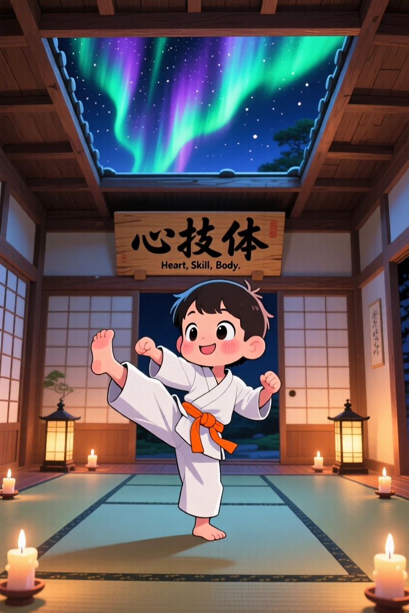 In a peaceful dojo, a child in a karate uniform is practicing a confident kick pose beneath swirling aurora-lit skies, bathed in gentle candlelight, expression full of warm affection. Shot as a wide establishing shot.
