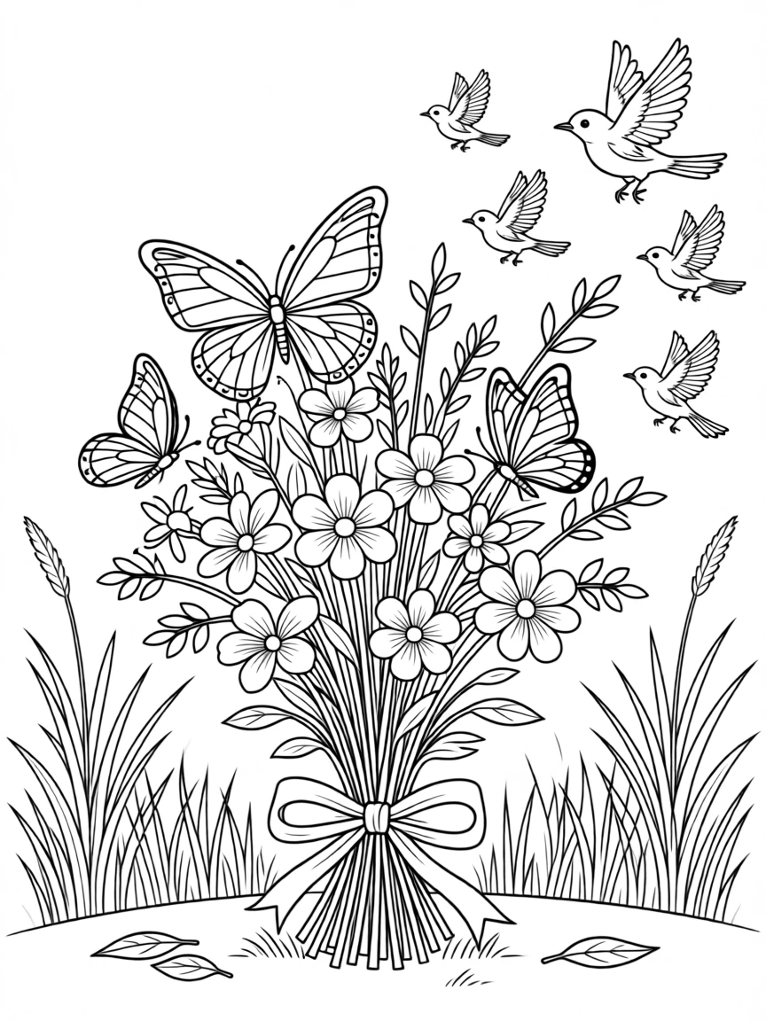 A cluster of butterflies resting on a bundle of wildflowers, with a flock of small birds scattering nearby.