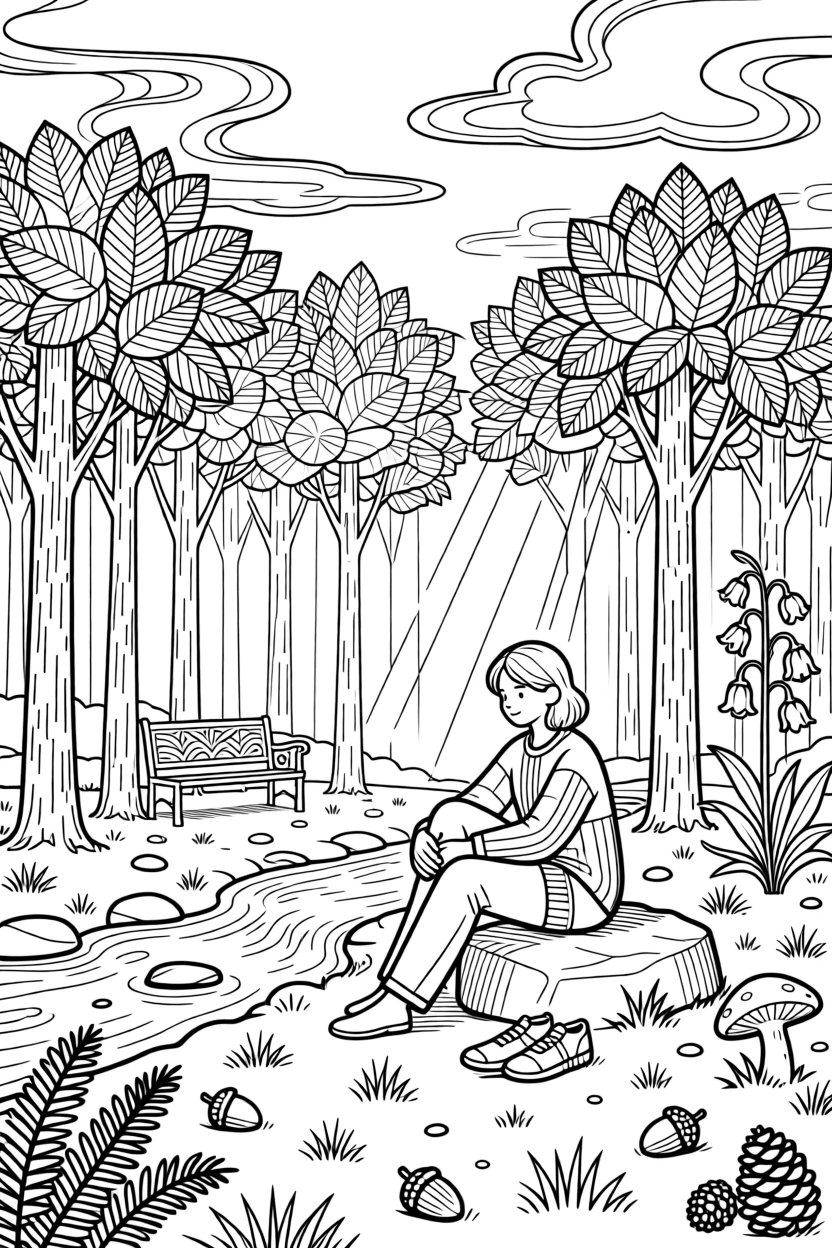 A quiet forest bathing scene with sunlight filtering through tall trees.