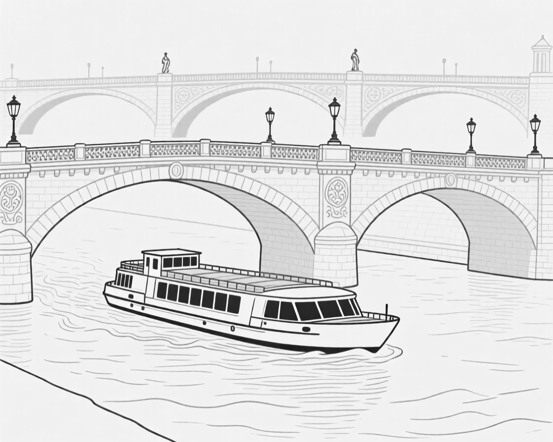 A river cruise passing beneath ornate stone bridges