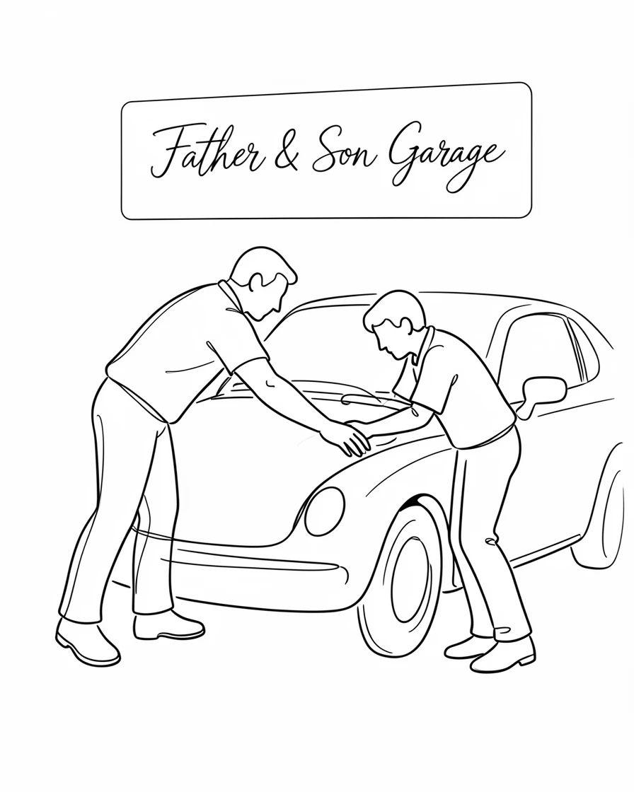 A father and son working together on a car in a garage