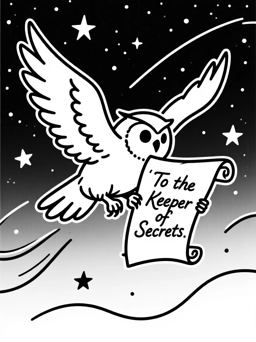 A wizard's familiar owl delivering a scroll through a starry night sky.