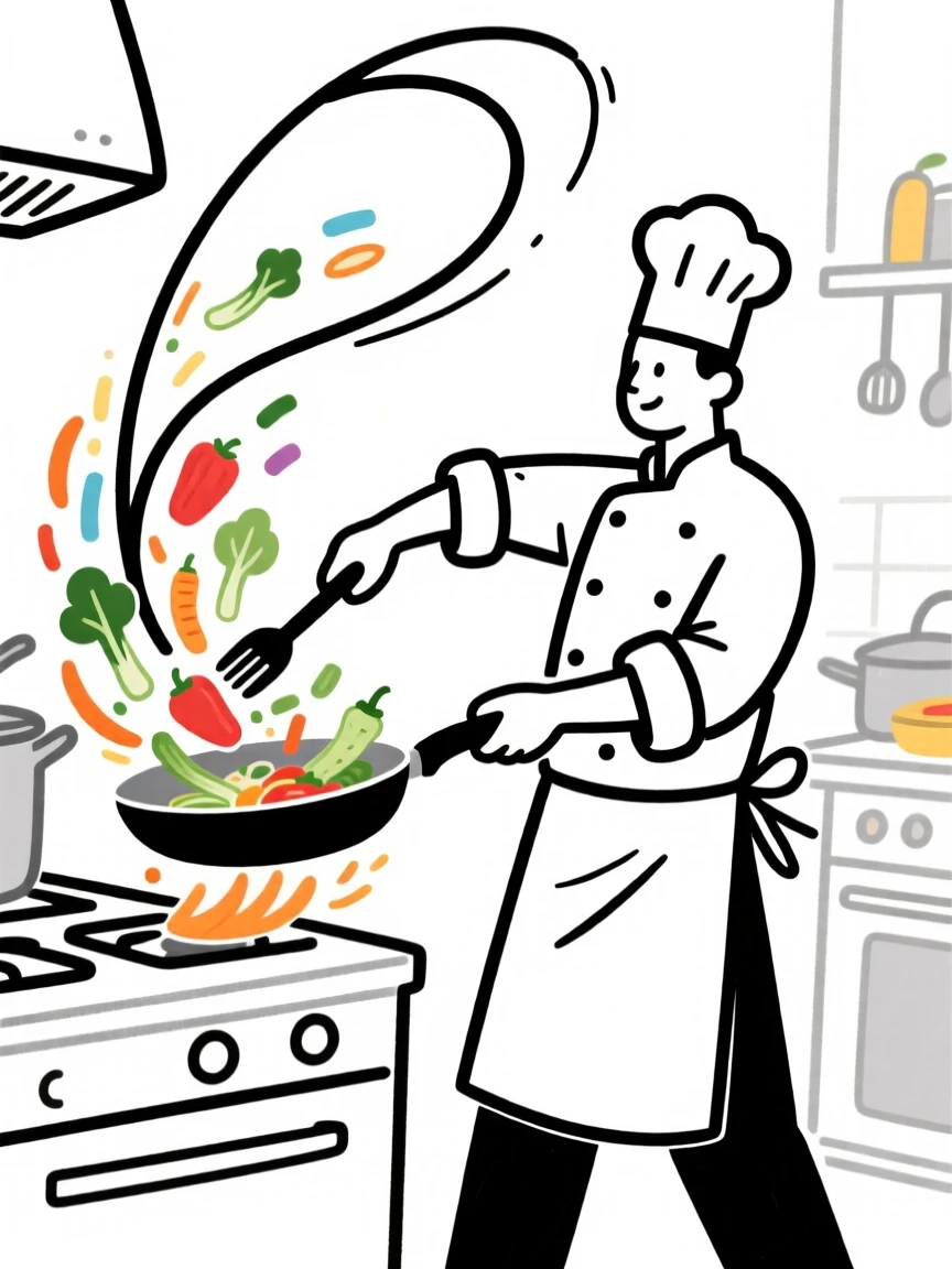 A chef flipping a sizzling pan of vegetables in a busy kitchen.