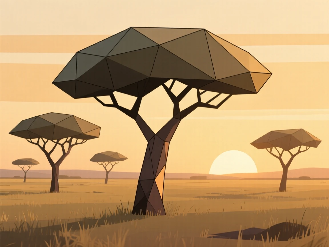 A savanna landscape at golden hour with acacia trees