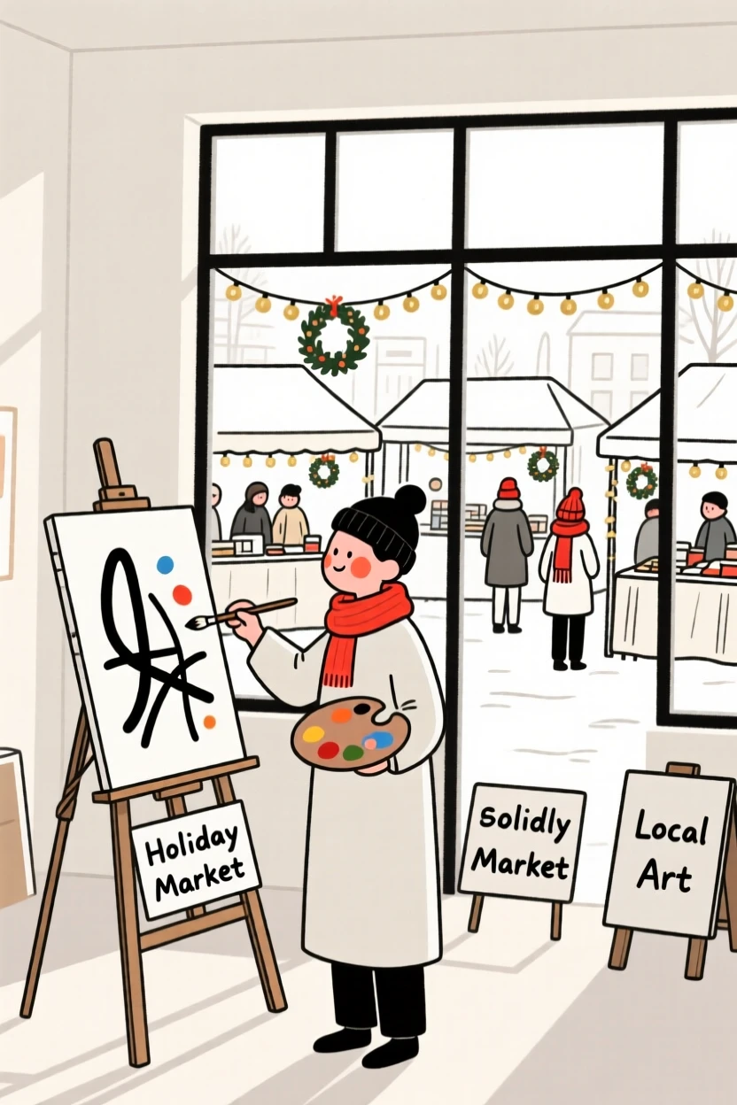 A painter in a sunlit studio, full of curious wonder, at a bustling holiday market.