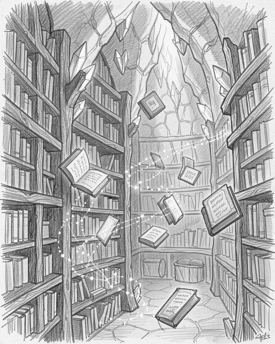 An epic fantasy scene of an enchanted library with floating books inside a cavern lit by crystal formations, with a trail of sparkling light marking the path.