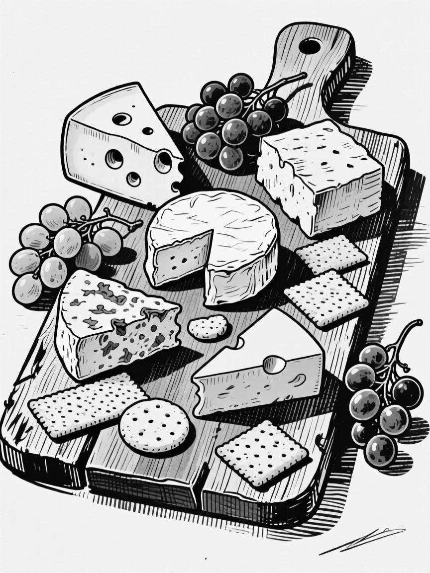 A wooden board of assorted cheeses, grapes, and crackers arranged for a gathering.