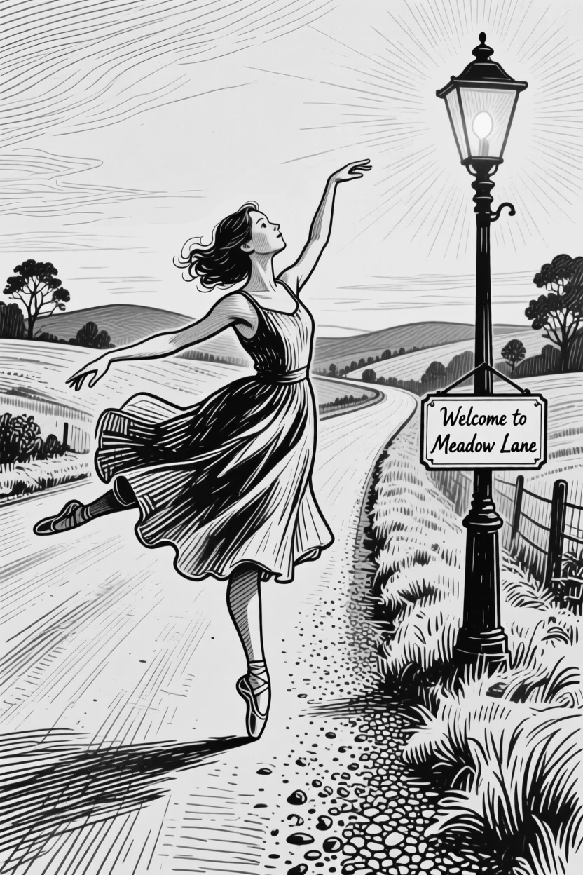 A dancer captured mid-motion on a quiet countryside road, with the glow of a nearby lamp softening the scene, creating a lighthearted and playful lifestyle scene.