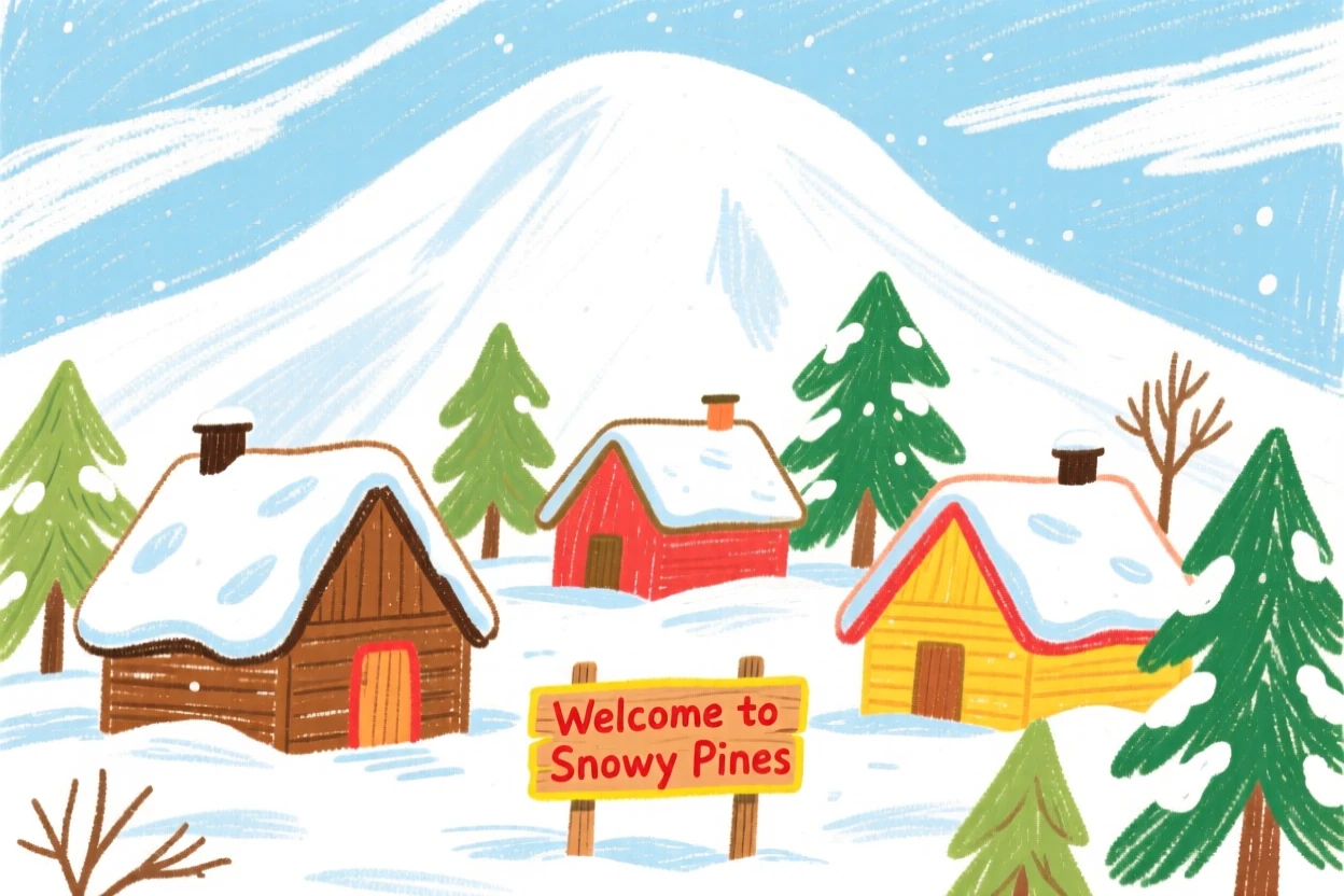 A view of a mountain hamlet blanketed in a light dusting of fresh snow.