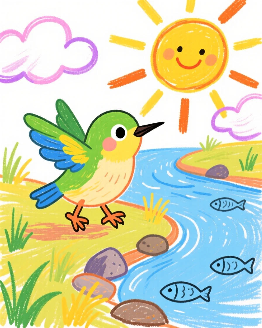 A tiny hummingbird chick waddling along a riverbank at sunrise.