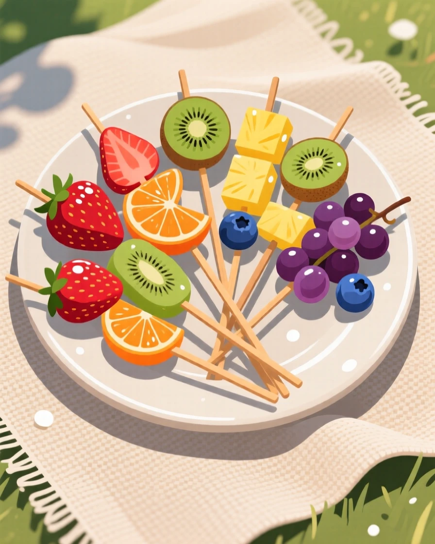 A platter of colorful fruit skewers arranged in a fan, arranged on a linen tablecloth outdoors, arranged in an appetizing overhead flat lay, with glossy highlights that make the dish look freshly made.