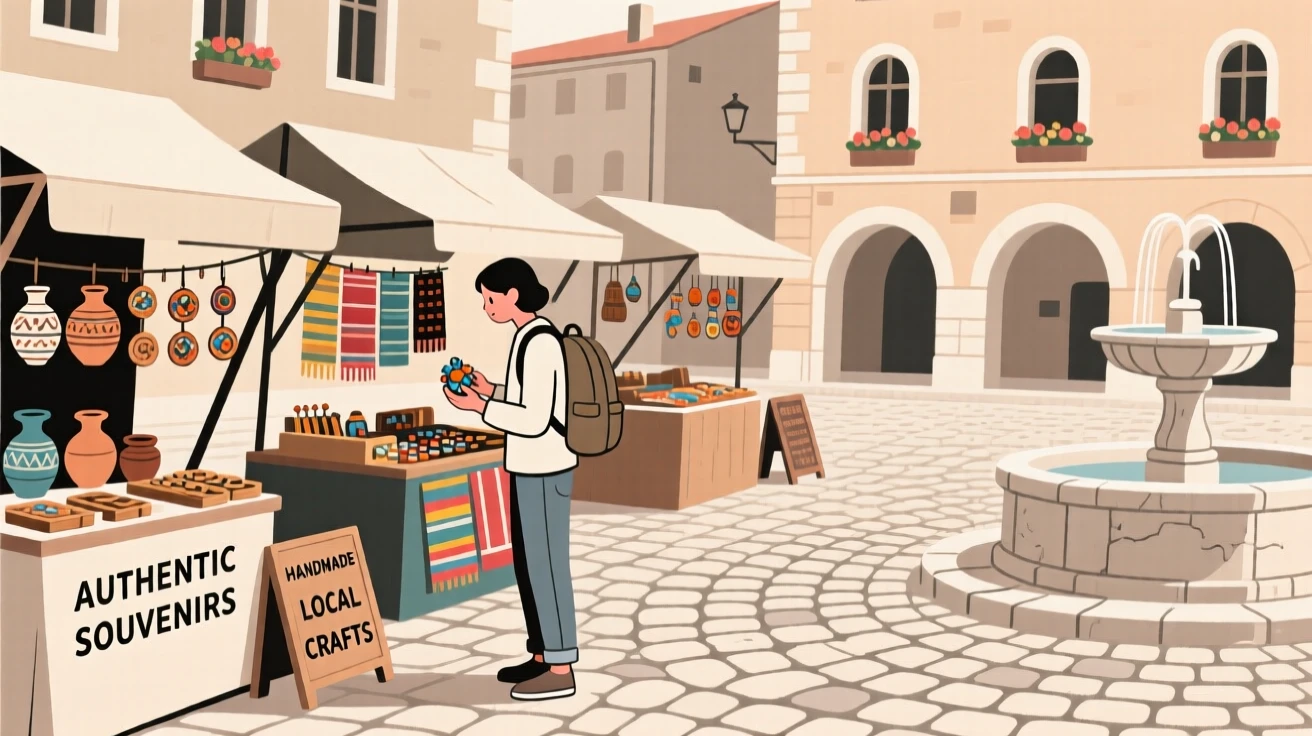 A traveler shopping for souvenirs near an old cobblestone square.