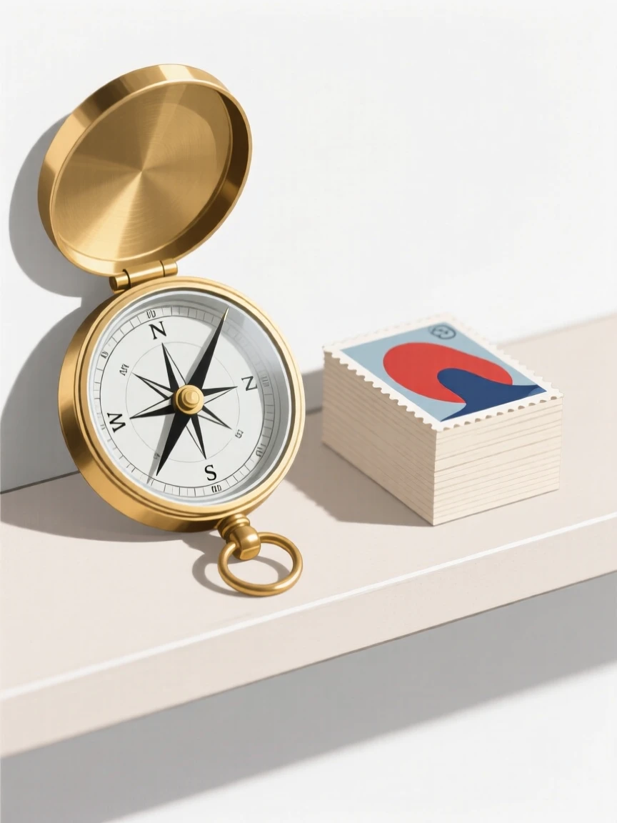 A close-up study of a brass compass placed beside a stack of postage stamps on a minimalist shelf, full of quiet curiosity.