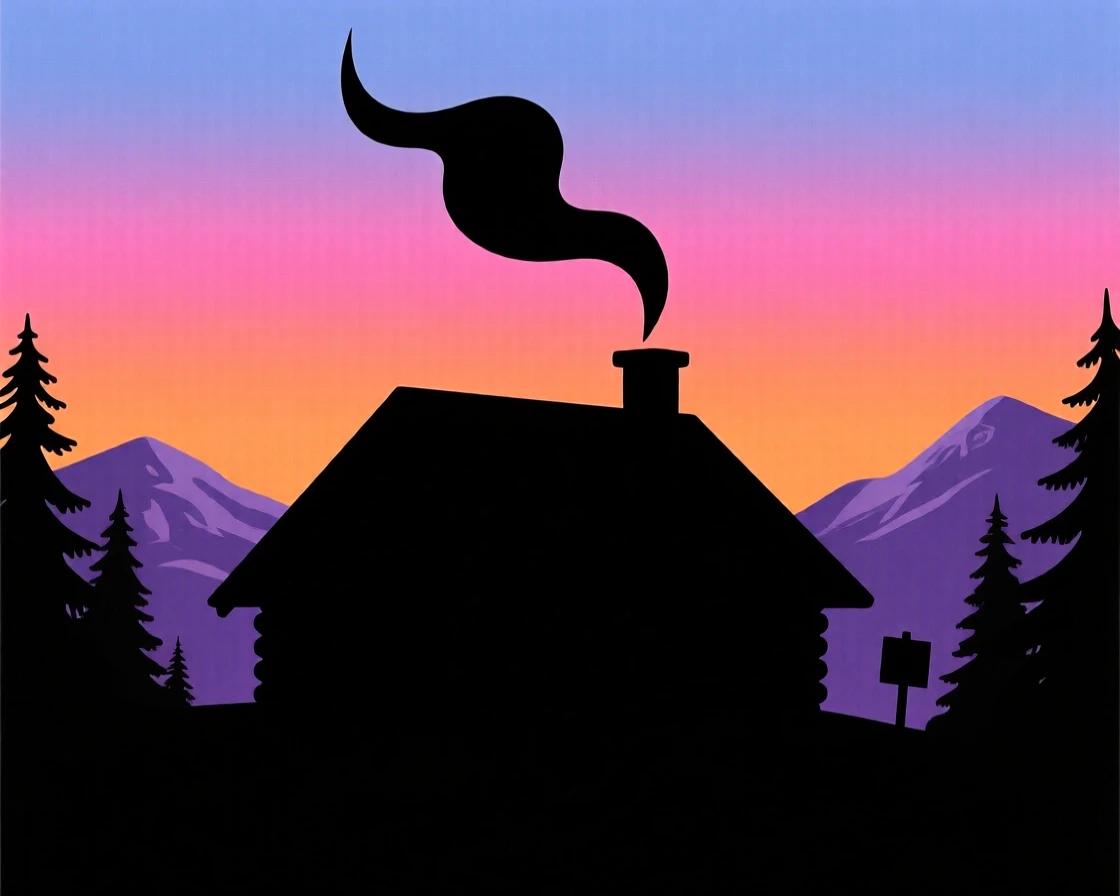 A quiet mountain hut with smoke curling from its chimney at dusk.