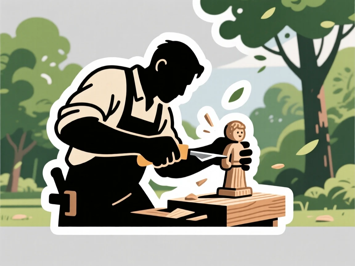 A determined and skilled woodworker carving a small figurine, captured mid-motion during their favorite activity, outdoors surrounded by fresh air.