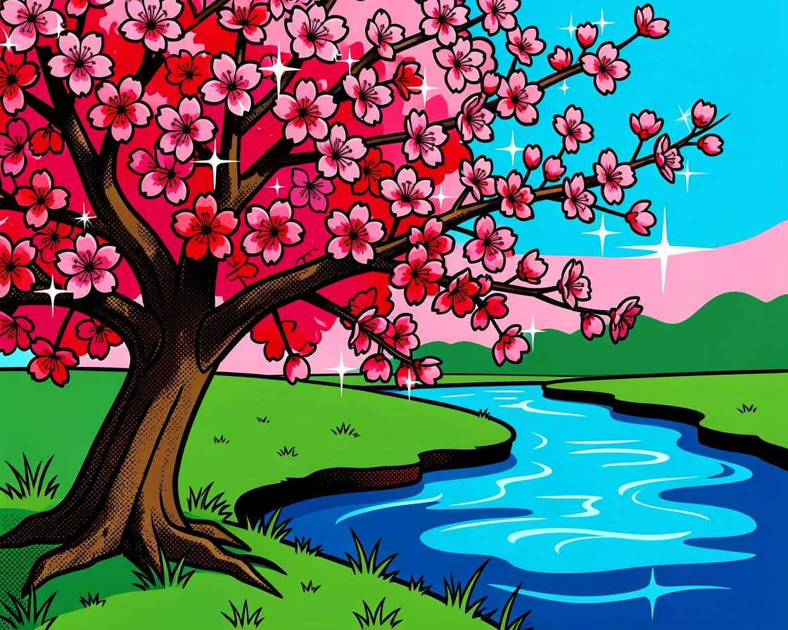 A cherry blossom tree in full bloom by a river