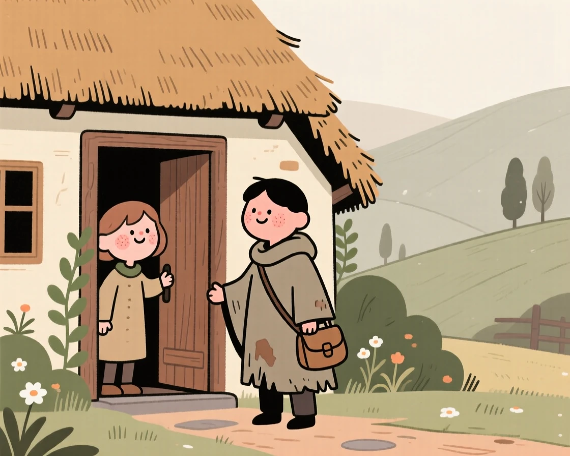 A wandering traveler stands at the door of a thatched cottage tucked into a quiet valley, welcoming a weary traveler inside from the cold.