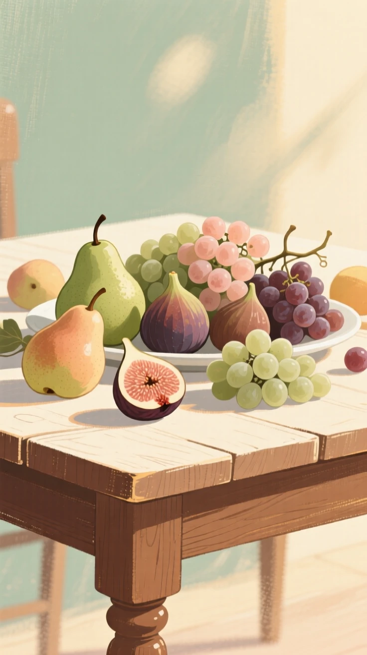 A wooden table laden with pears, figs, and clusters of grapes