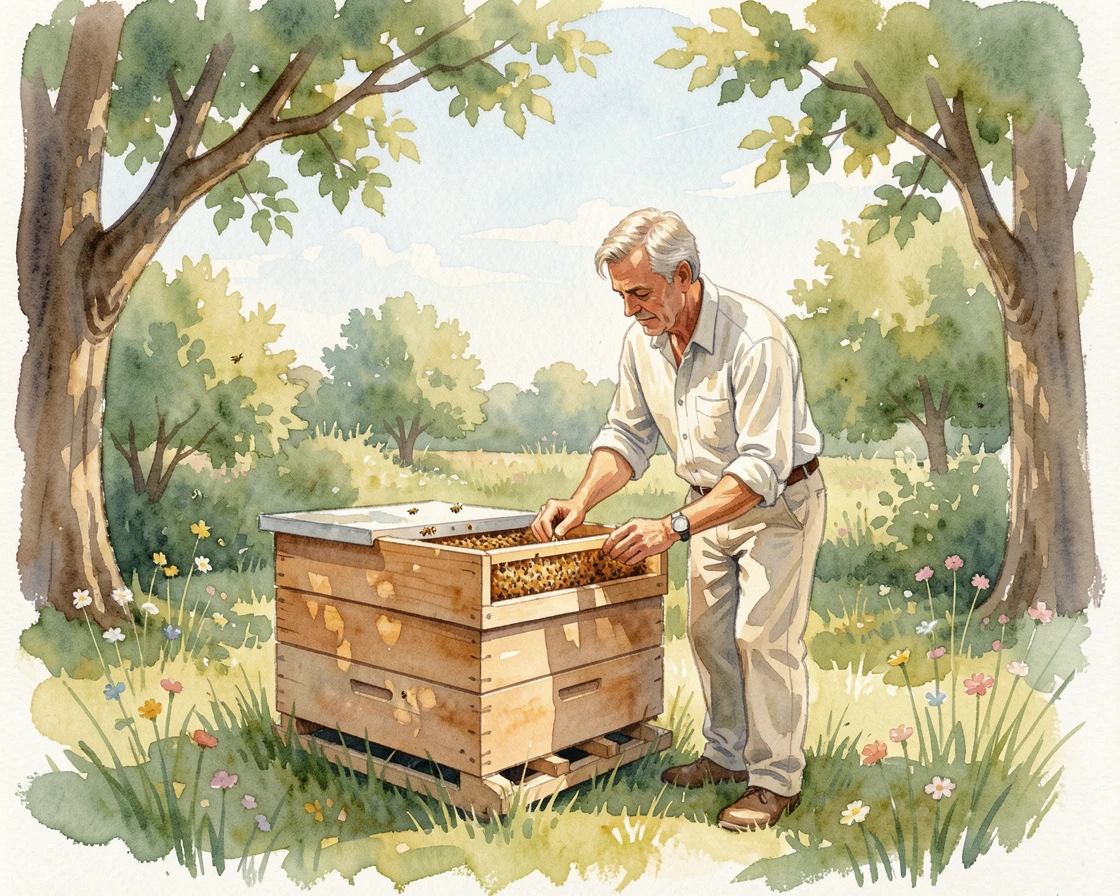A man tending a beehive in his backyard on a calm weekend afternoon.