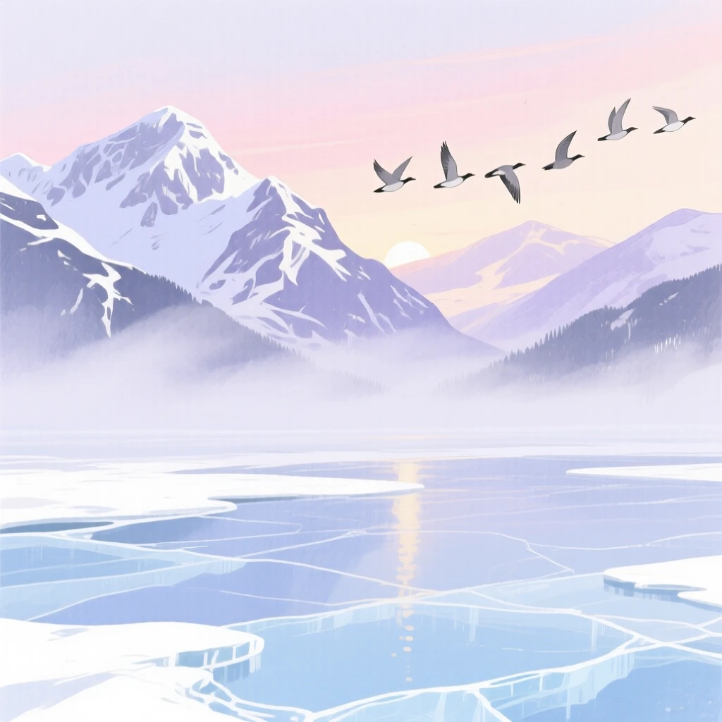 A breathtaking view of a frozen alpine lake as morning mist rolls through, where a flock of birds crosses the sky