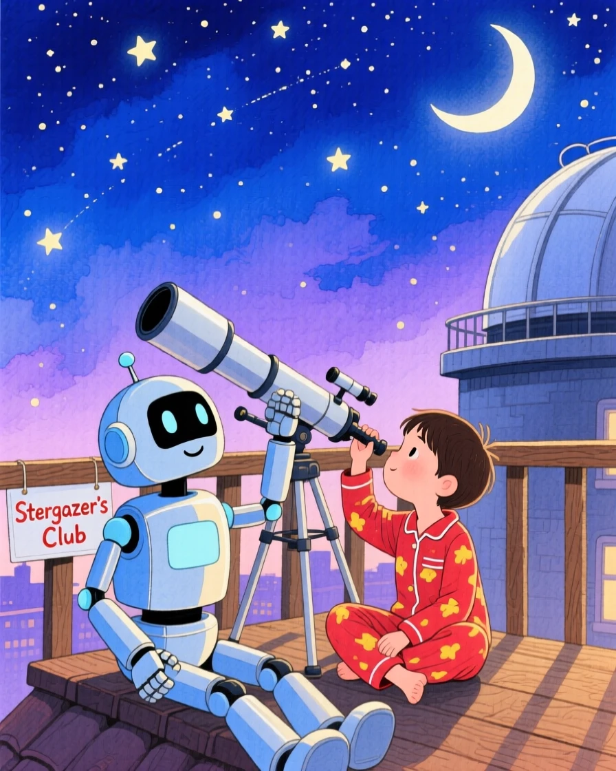 An imaginative scene of a robot and child stargazing from a rooftop observatory.