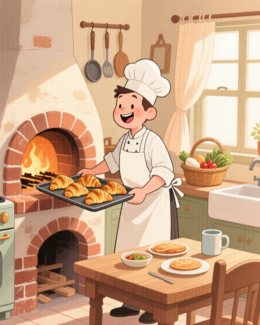 A baker pulling a tray of golden croissants from a brick oven, filled with the simple pleasure of good food and good company.